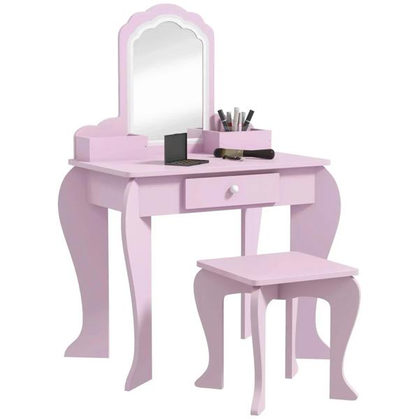 Pink kids vanity table set with cloud mirror, drawer, storage, and matching stool