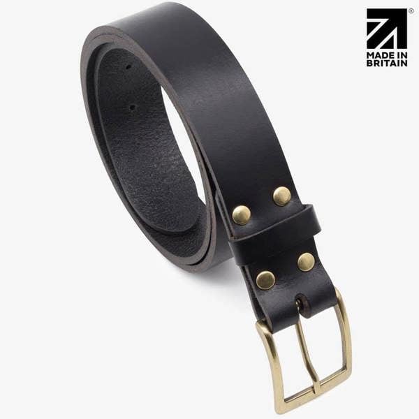 Black full-grain leather belt 35mm showing waxed edge detail — PRIMEHIDE