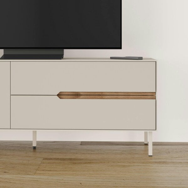Decortie Arch TV Unit for TVs up to 60in 2 Drawers and Door Sandstone Whiskey Oak 150 x 35 x 56.5 cm (Sandstone and Whiskey Oak)