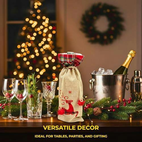 Size 15 x 35 cm Christmas Wine Bottle Cover Bag with Drawstring Reindeer Print for Festive Gift Display image 6