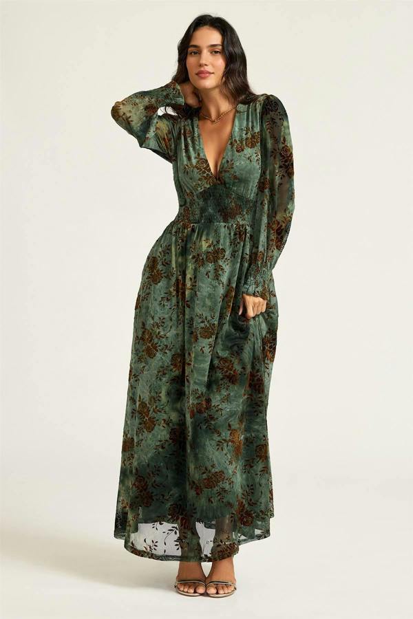 FS Collection Brown Floral Velvet Devore Long Sleeve Maxi Dress In Green
