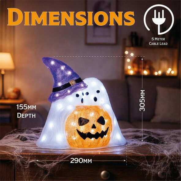 Scotts of Stow Fxlab 50 White LED Pumpkin and Ghost Outdoor Halloween Decoration with 5m Lead Cable BS IP20 Transformer Timer 6 18H