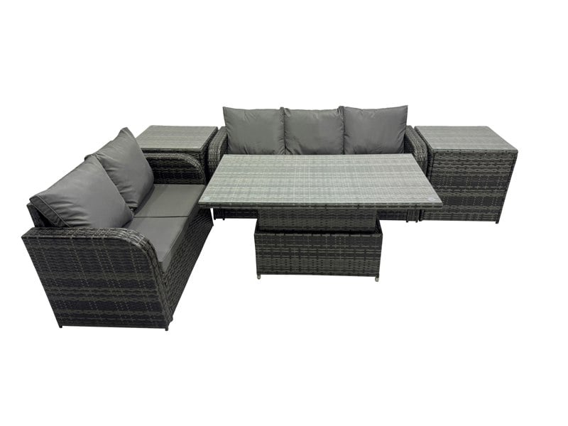 Fimous Rattan Garden Furniture Dining Set 5 seater Patio Height Adjustable Rising Lifting Table Sofa Set with 2 Side Table Dark Grey Mixed