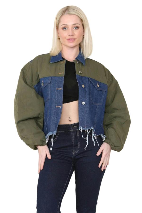 Elaina Fashion Women's Khaki & Denim Jacket Casual Short Jean Coat Color Block Lapel Button Down Ripped Hem Shirt Denim Regular Fit Shacket Streetwear - Elaina Fashion