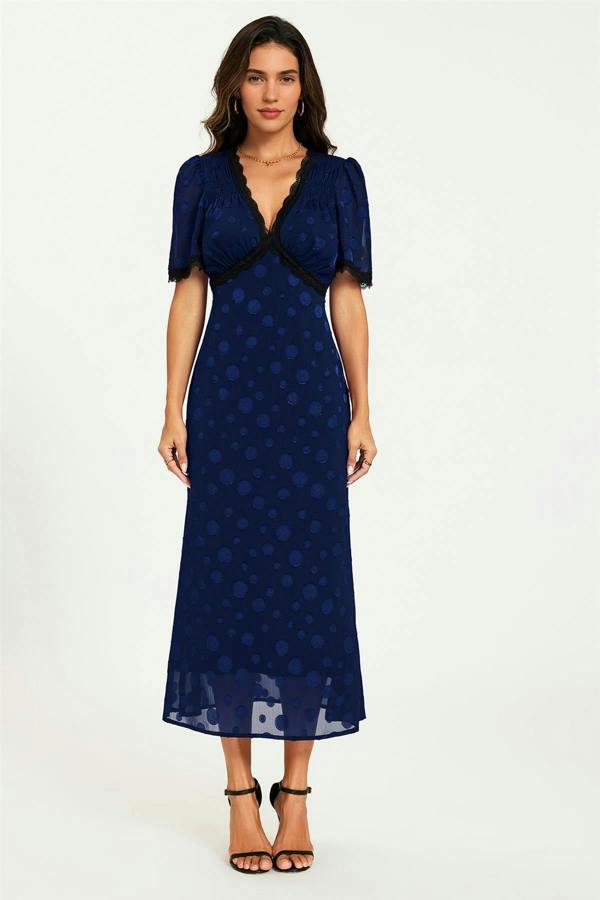 FS Collection Polka Dot Jacquard Lace Trim Midi Dress In Navy