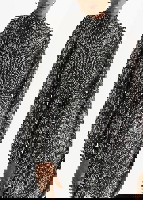 Gini London Black High Neck Long Sleeves Belted Sequin Dress