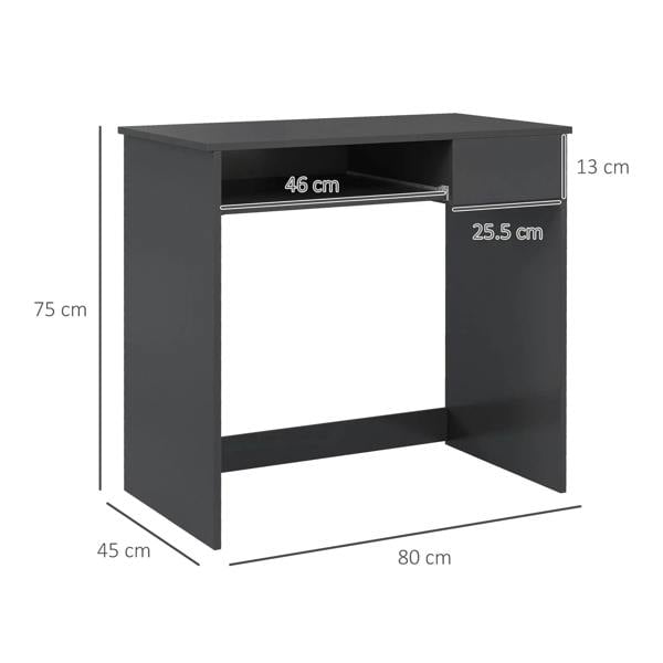 Grey compact desk with keyboard tray opening, showing 80 cm width and 75 cm height