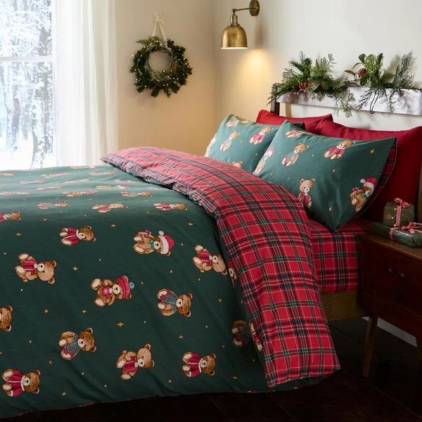 Catherine Lansfield Christmas Tartan Teddy Bear Reversible Duvet Cover Set Green