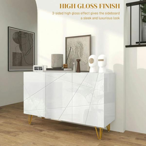 White high-gloss sideboard with geometric cabinet doors and gold hairpin legs
