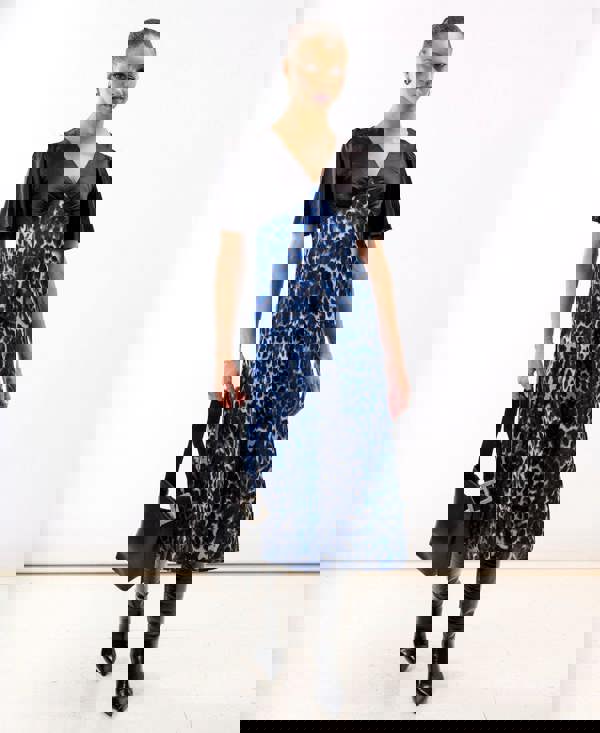 Blue Leopard Printed Satin Midi Dress