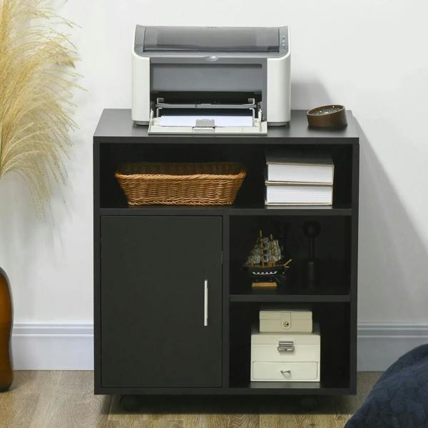 Black printer stand cabinet with door and open compartments for files and supplies