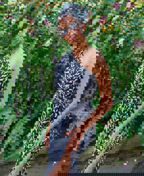 Black Animal One Shoulder Midi Dress