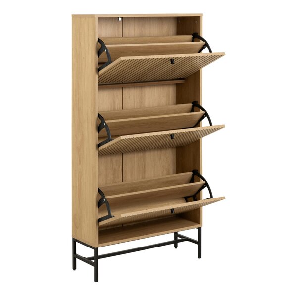Wyld Haus Bjork Natural Oak Wood and Black Panelled Shoe Cabinet 3 Doors