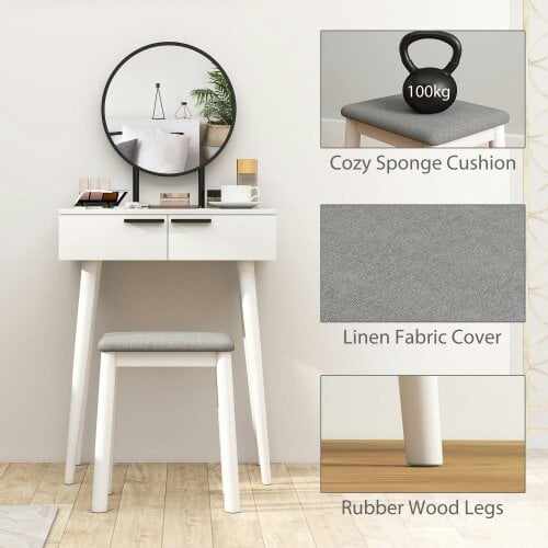 Wyld Haus Comika White Dressing Table And Stool Set With Round Mirror 2 Drawers 60 x 40 x 123cm