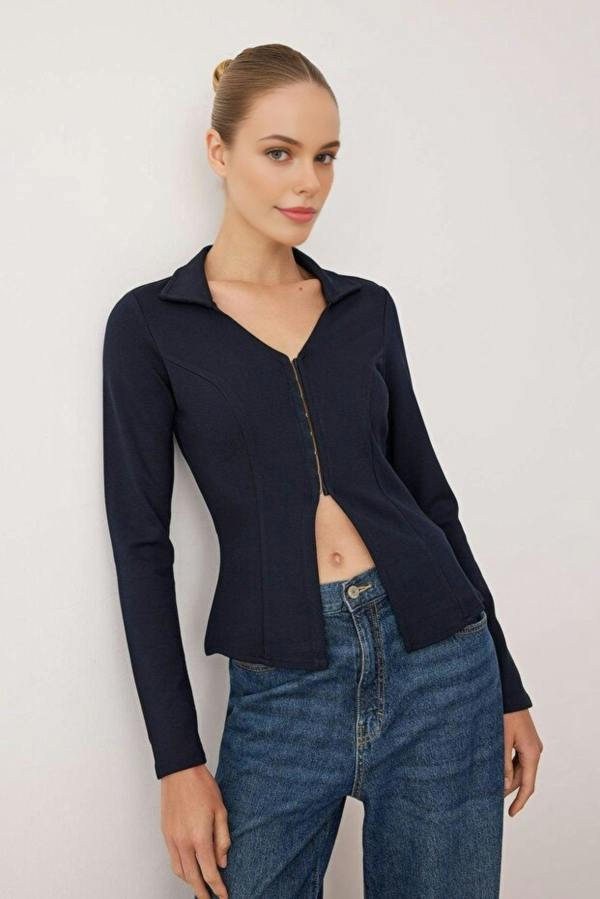 WOVCOR Polo Collar Hooked Fitted Knit Blouse