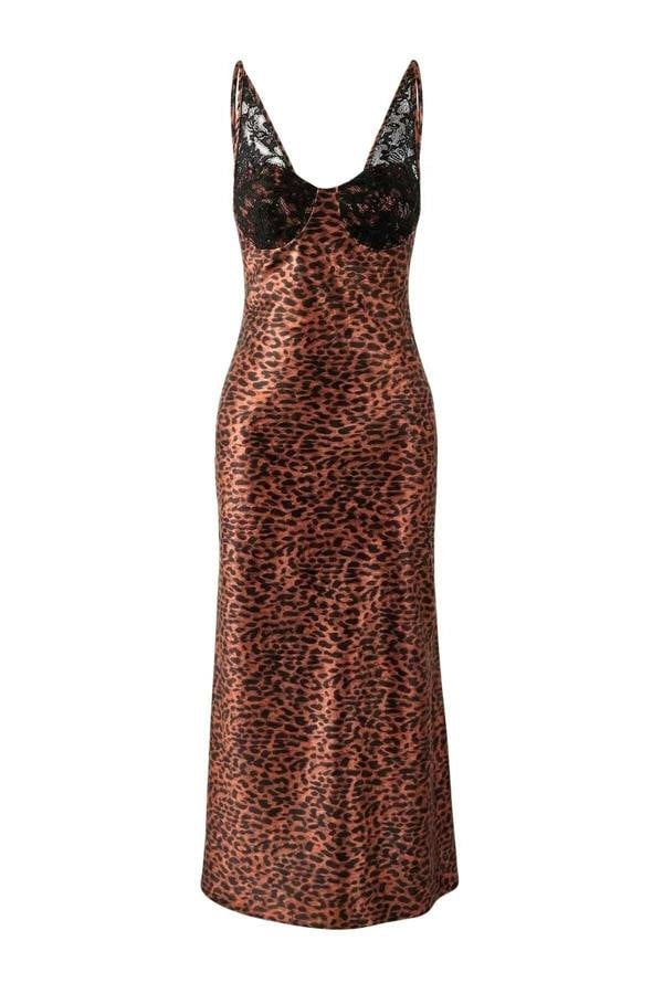 WOVCOR Animal Lace Detail Woven Satin Midi Unlined Evening Dress