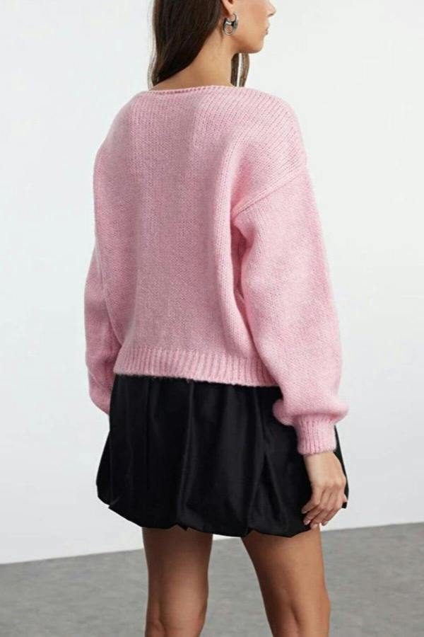 WOVCOR Soft Textured Knit Cardigan with Rose Detail