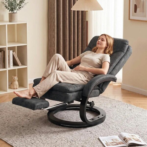 Swivel Recliner Chair, Velvet Recliner Armchair with Retractable Footrest, Dual-Layer Cushion, High Back, Dark Grey