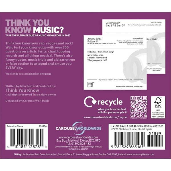 Think You Know Music? Desk Calendar 2027, Desk Calendars, Day To View, Entertainment, Gift