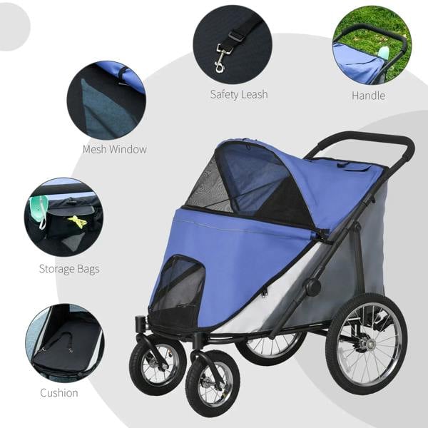 Blue pet stroller features: safety leash, handle, mesh window, storage bags, and cushion