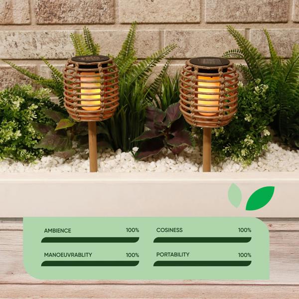 Gardenwize Pack of 2 Solar Rattan Effect Stake Lights – Warm White LED Flame Effect