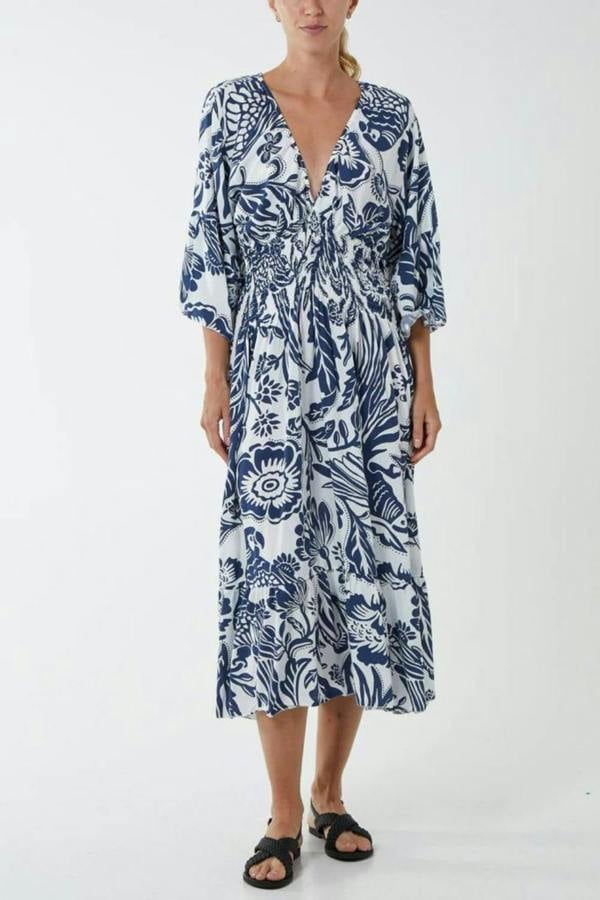 Hoxton Gal Oversized V Neck Detailed Floral Print Midi Dress in Navy and White