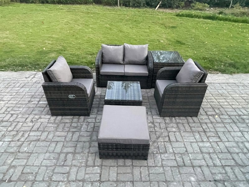 Fimous Wicker PE Rattan Garden Furniture Set Outdoor Lounge Sofa Set with Love Sofa Square Coffee Table Side Table Big Footstool Dark Grey Mixed