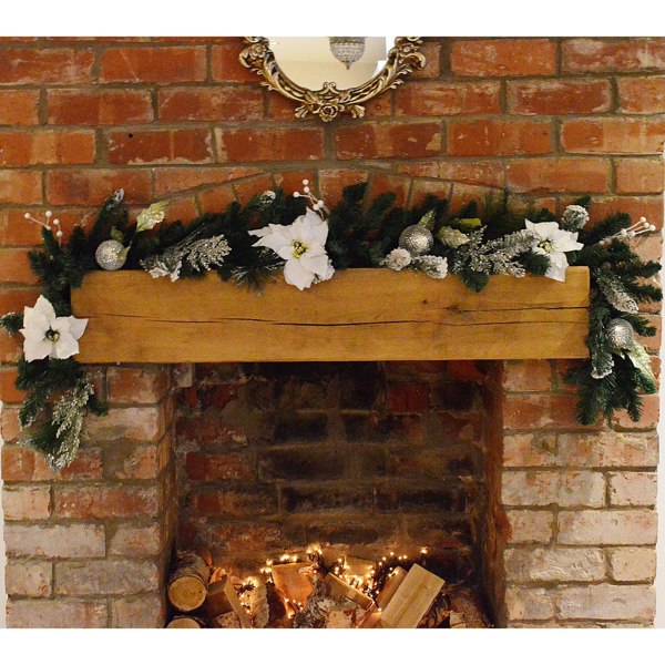 Samuel Alexander 1.8M (6ft) White Poinsettia Christmas Garland Silver Balls Glitter Snow Flocked