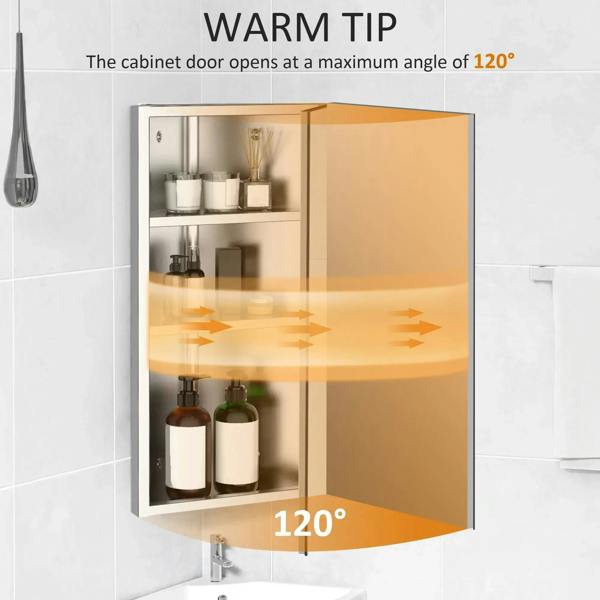 Mirrored cabinet door opening to 120 degrees with interior shelves visible