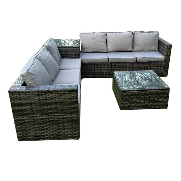 Furniture One Rattan Corner 6 Seater Sofa Set, Padded Garden Lounge Set with Side Table & Tempered Glass Coffee Table
