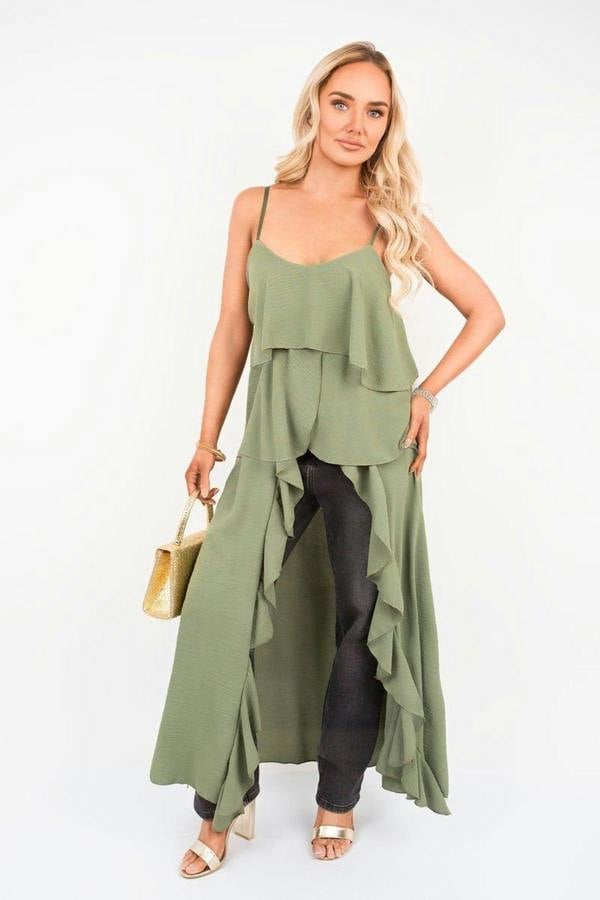 Nayeli Layered Cami Top With Asymmetric Hem - Khaki