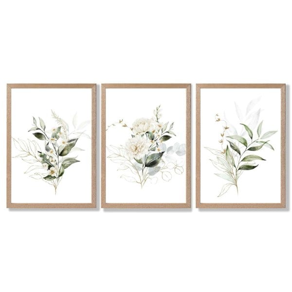 White an Green Floral Bouquets Set of 3 Framed Art Prints with Light Oak Frames