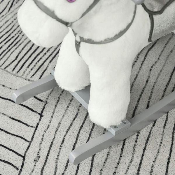 White plush rocking horse legs and gray rocker base with corner bolt