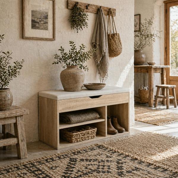 Wyld Haus Sonala Wooden Oak Shoe Storage Bench With Hidden Compartment And Padded Seat