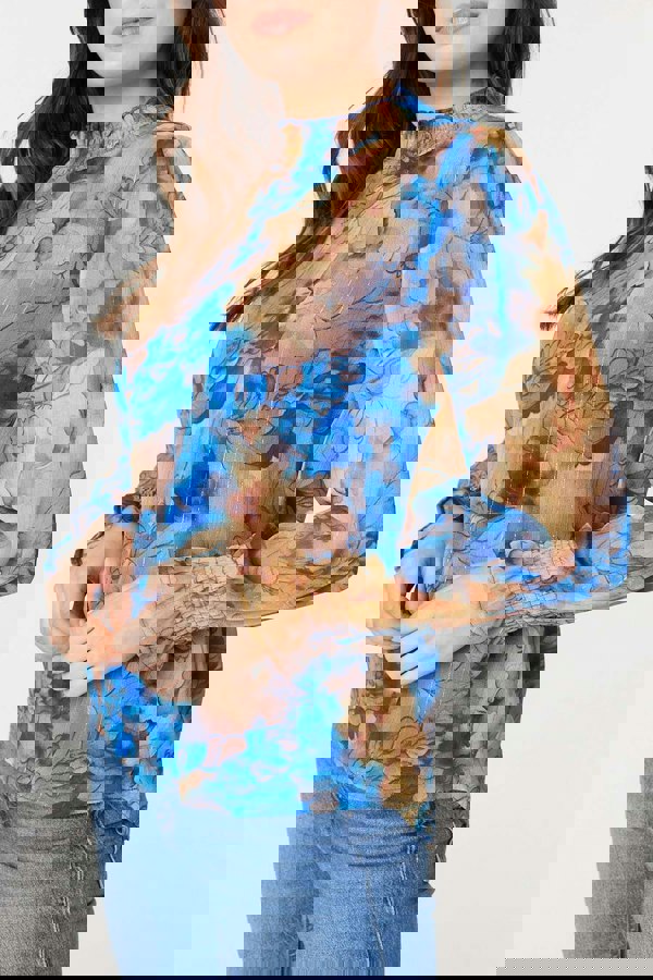 Blue | Printed High Neck Long Sleeve Blouse