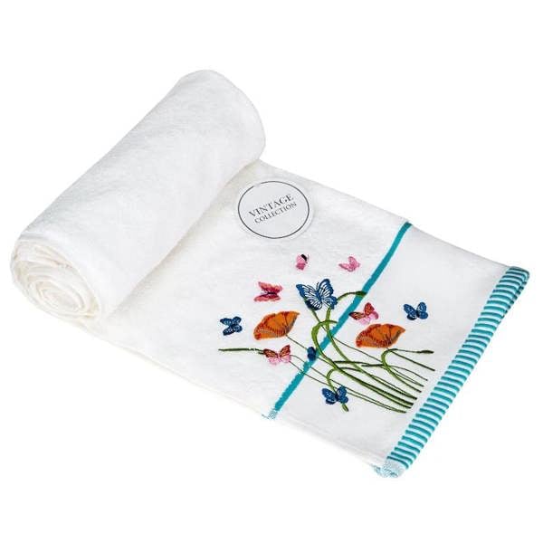 A white cotton hand towel with a butterfly embroidery on a white background with a blue border.
