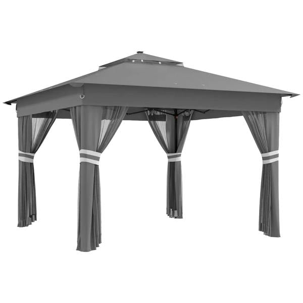 Grey pop-up gazebo with scalloped canopy and hanging curtains around the open sides