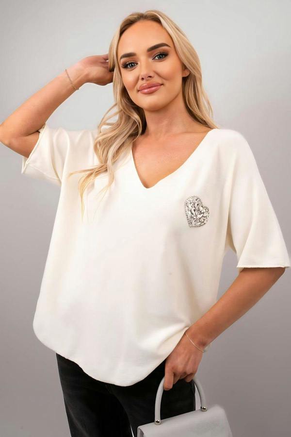 Della Short Sleeve V-neck Oversized Rhinestone Heart Detail Top - White