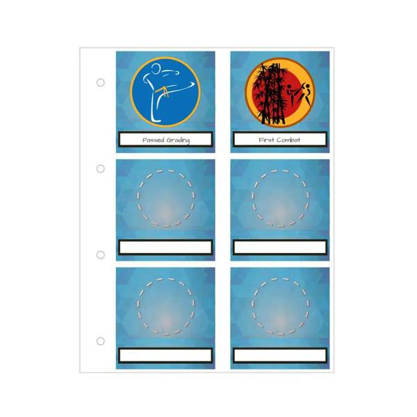 Blue proud moments badge holder stickers with circular gymnastics designs