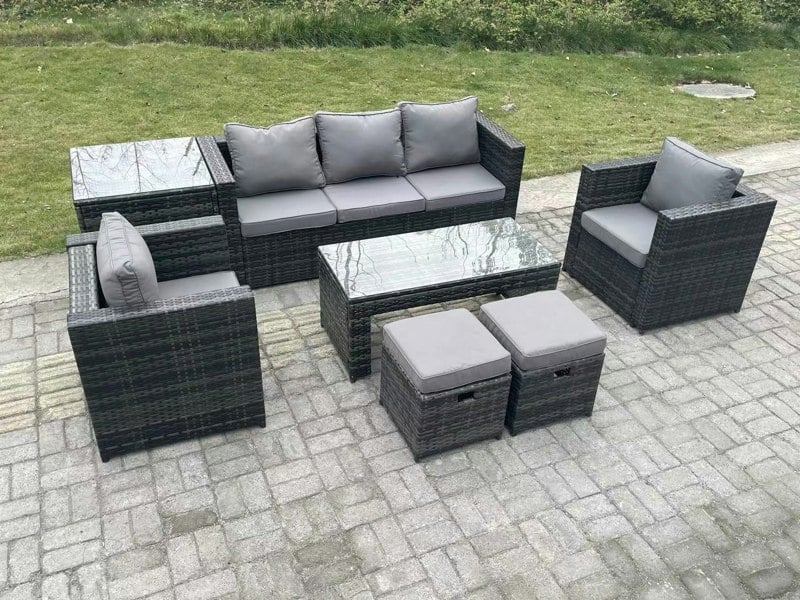 Fimous Lounge Rattan Sofa Set Outdoor Garden Furniture Oblong Rectangular Coffee Table With 2 Chairs 2 Stools Extra Side Table