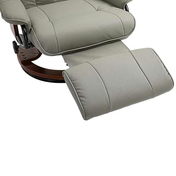 Grey reclining swivel chair with footrest extended and thick cushioned upholstery.