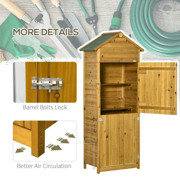 Wood storage shed cabinet with doors open, shelf inside, and ventilation gaps