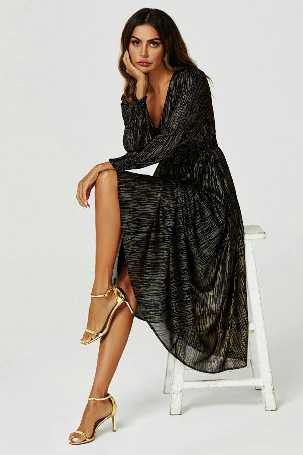FS Collection Gold Stripe Foil Long Sleeve Maxi Dress In Black