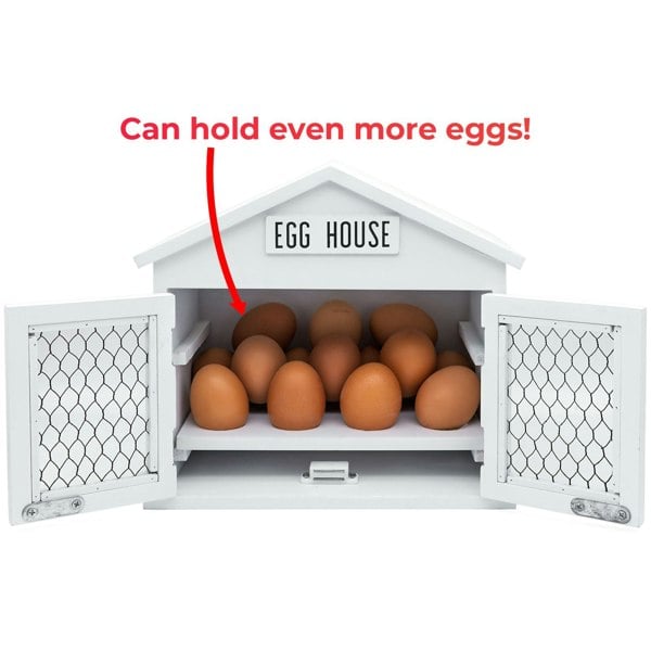 White Wooden Egg House Storage Box with text showing 14 eggs
