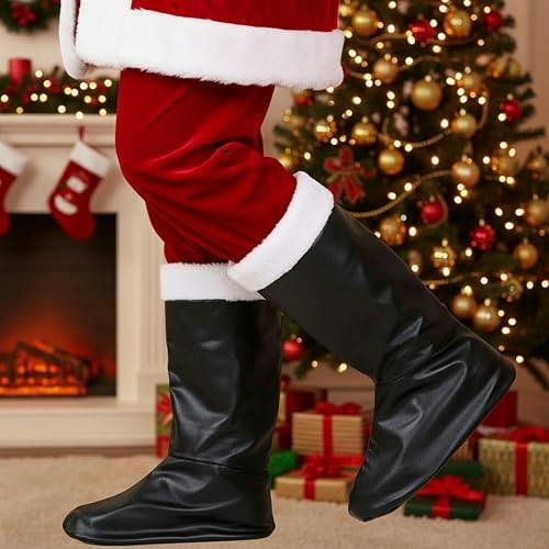 One Size Black Santa Boot Covers with Fur Trim for Christmas Costume Dressing image 7