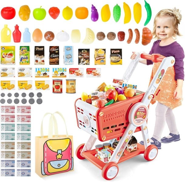 deAO Toys Kids Shopping Cart Trolley Play Set with Pretend Food and Accessories
