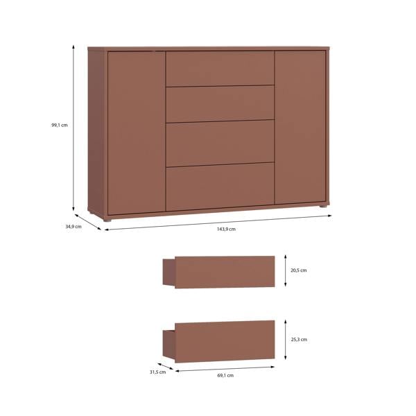 Furniture To Go Alice Springs Wide Sideboard with 4 Drawers & 2 Doors with Push-to-Open in Terracotta