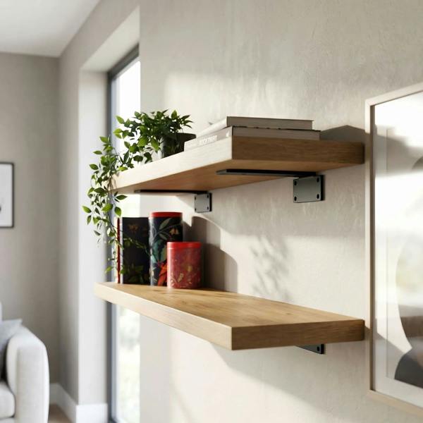 Full view of a contemporary shelving unit with hidden black concealed brackets supporting a seamless, floating wooden shelf in a modern interior.