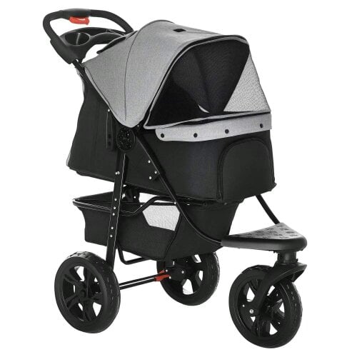 Dog Stroller Pram, 3-Wheel Foldable Pet Stroller with Invisible Sky Roof, for Small Dogs & Cats, Red