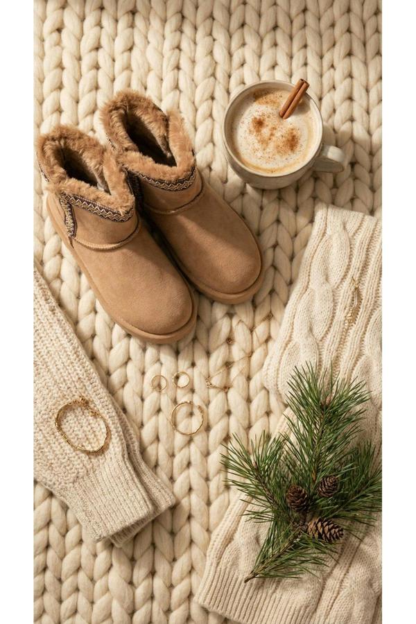 Malira Faux Suede Fluffy Lined Ankle Boots With Stitch Trim - Khaki